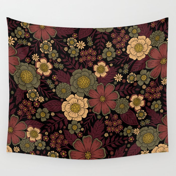 Classy Burgundy, Cream & Sage Green Floral Pattern Wall Tapestry