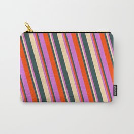 [ Thumbnail: Tan, Dark Slate Gray, Red & Orchid Colored Lined/Striped Pattern Carry-All Pouch ]