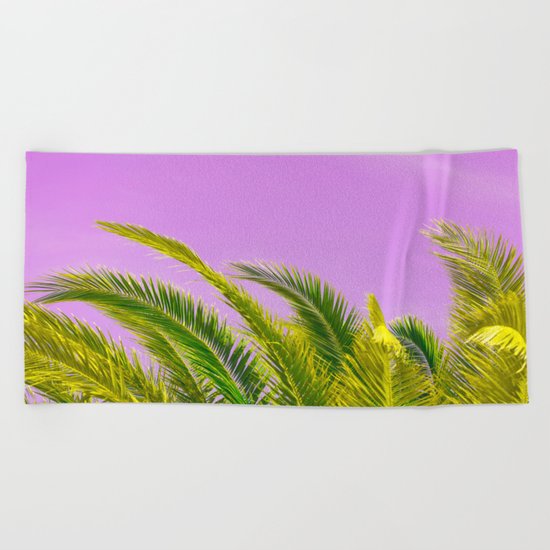 Green palm leaves on a pink background - #Society6 #Buyart Beach Towel