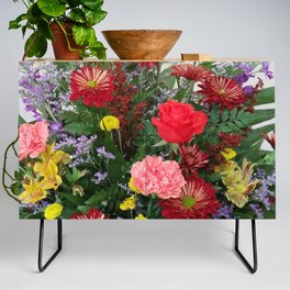Vivid Bouquet Floral Arrangement Brightly Colored Credenza