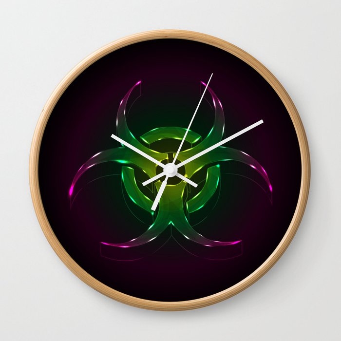 An illustration of a fluorescent biohazard symbol.  Wall Clock