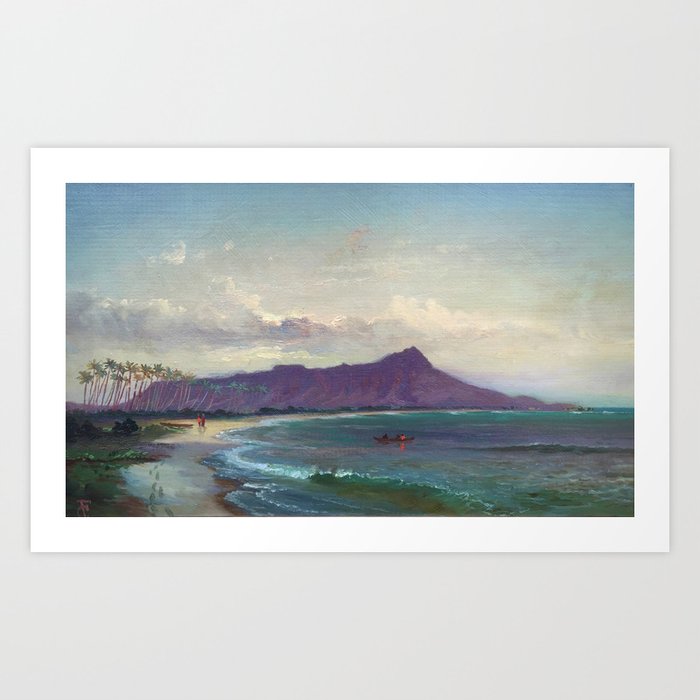 Diamond Head, Waikiki Beach, and Helumoa, Hawaii landscape painting by Charles Furneaux Art Print