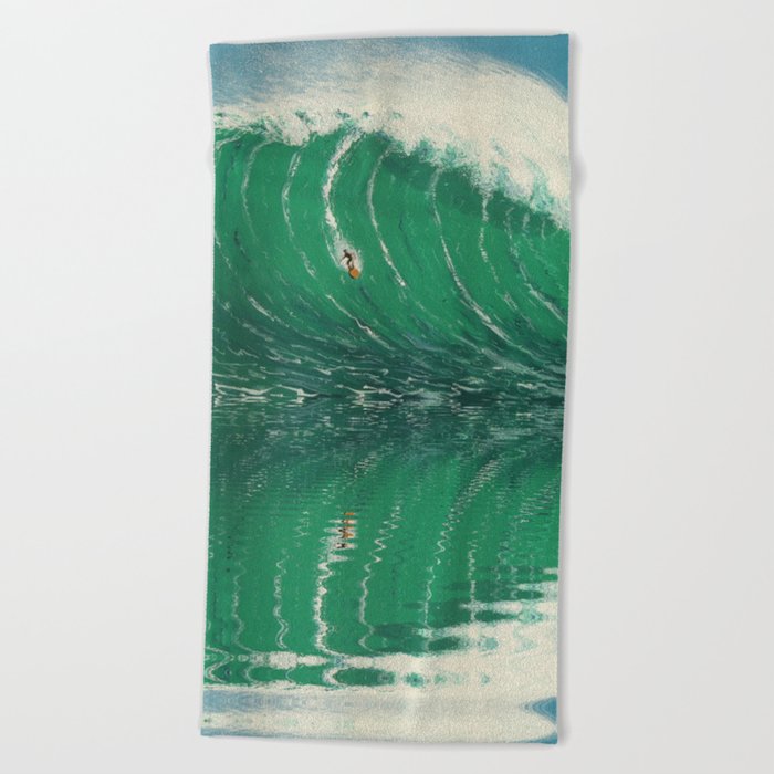 Extreme surfing pipeline wave with mirrored reflection, nazara, california, gulf of mexico, florida keys, hawaii surf landscape painting in emerald green Beach Towel