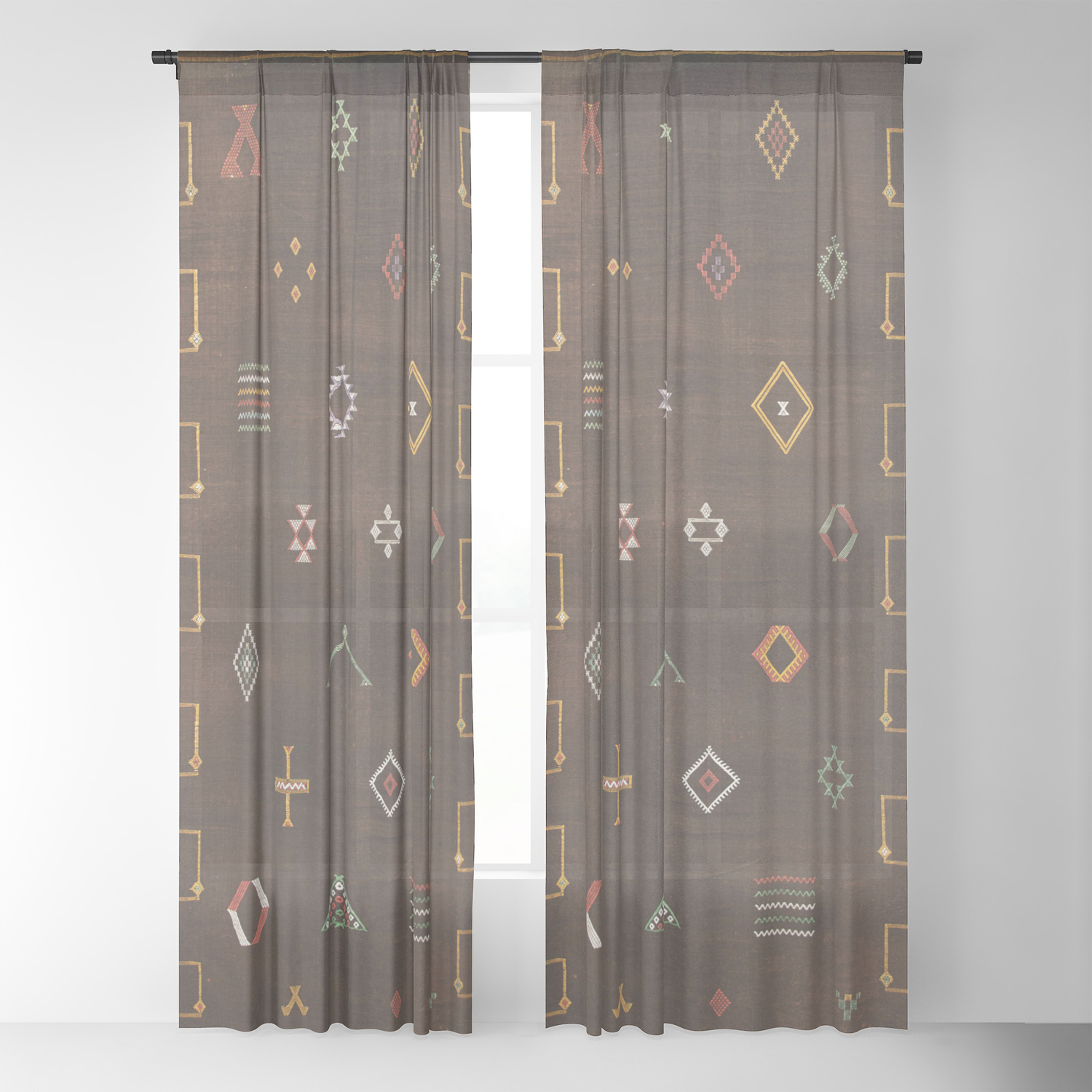 Brown Bohemian Traditional Moroccan Vintage Artwork N25 Sheer
