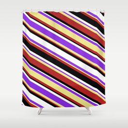 [ Thumbnail: Colorful Purple, Tan, Red, Black & White Colored Stripes Pattern Shower Curtain ]