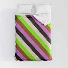 [ Thumbnail: Eyecatching Beige, Chartreuse, Brown, Orchid & Black Colored Lined Pattern Duvet Cover ]