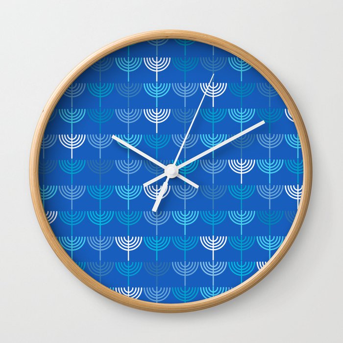 Hanukkah Chanukah Menorah Chanukkiah Pattern in Blue Wall Clock