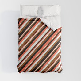 [ Thumbnail: Red, Mint Cream, Brown, and Black Colored Striped/Lined Pattern Comforter ]