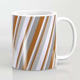 [ Thumbnail: Brown, Dark Gray, Lavender & Grey Colored Stripes Pattern Coffee Mug ]