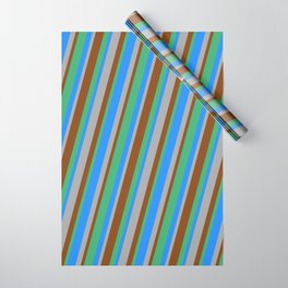 [ Thumbnail: Blue, Dark Grey, Brown & Sea Green Colored Pattern of Stripes Wrapping Paper ]
