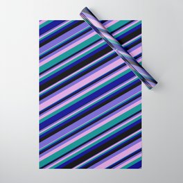 [ Thumbnail: Vibrant Slate Blue, Plum, Dark Cyan, Dark Blue & Black Colored Lines/Stripes Pattern Wrapping Paper ]