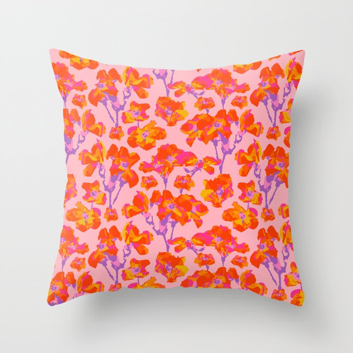 WILD ROSES Abstract Floral Summer Bright Rose Garden in Fuchsia Pink Orange Yellow Purple on Blush - UnBlink Studio by Jackie Tahara Throw Pillow