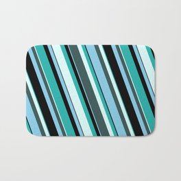 [ Thumbnail: Light Sea Green, Light Cyan, Dark Slate Gray, Sky Blue, and Black Colored Striped/Lined Pattern Bath Mat ]