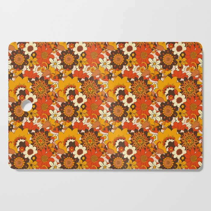 Retro 70s Flower Power, Floral, Orange Brown Yellow Psychedelic Pattern Cutting Board