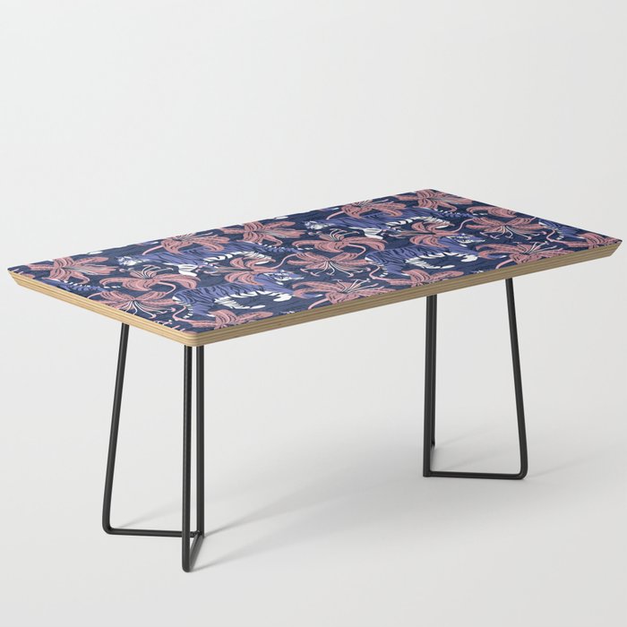 Tigers in a tiger lily garden // textured navy blue background very peri wild animals carissma pink flowers Coffee Table