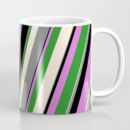 [ Thumbnail: Vibrant Beige, Gray, Black, Orchid & Forest Green Colored Stripes Pattern Coffee Mug ]