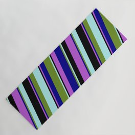 [ Thumbnail: Eyecatching Orchid, Dark Blue, Green, Turquoise, and Black Colored Stripes/Lines Pattern Yoga Mat ]