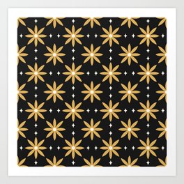 Star Flower Pattern Black and Gold Art Print