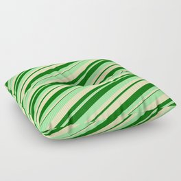 [ Thumbnail: Dark Green, Green, and Beige Colored Stripes Pattern Floor Pillow ]