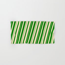 [ Thumbnail: Green & Bisque Colored Striped Pattern Hand & Bath Towel ]