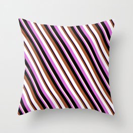 [ Thumbnail: Sienna, White, Orchid & Black Colored Striped Pattern Throw Pillow ]