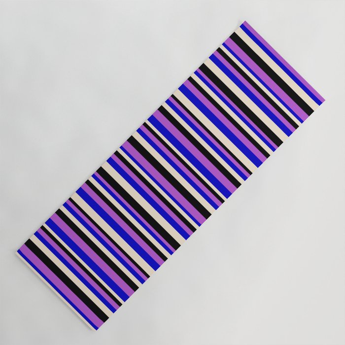 Orchid, Blue, Beige & Black Colored Lines Pattern Yoga Mat