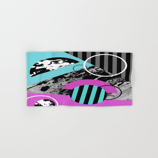 Bits N Pieces III - Abstract, geomtric, random, textured, stripes, black, pink, cyan, artwork Hand & Bath Towel
