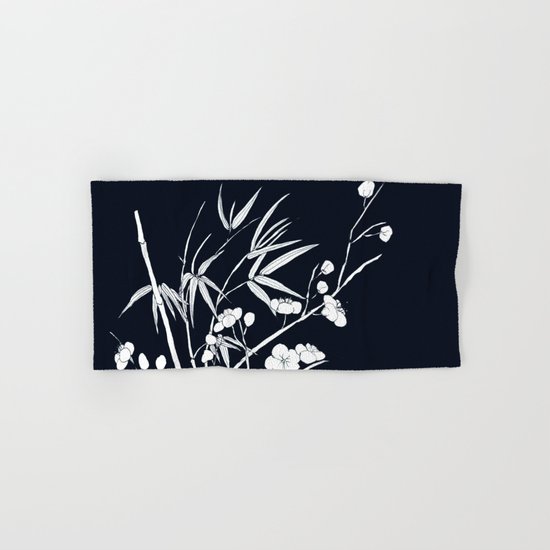 bamboo and plum flower white on black Hand & Bath Towel