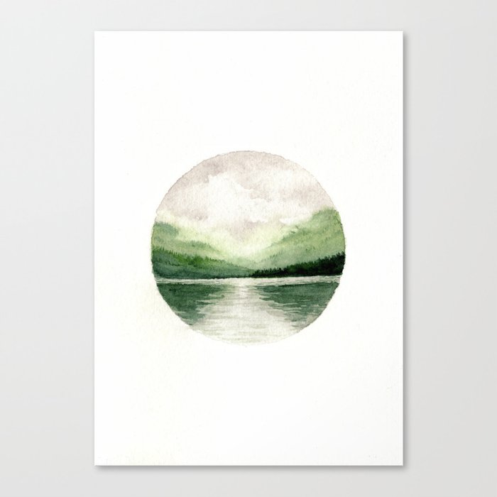 Foggy Mountain Lake Watercolor Landscape Minimalism Painting