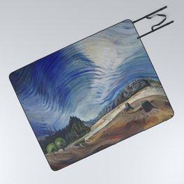 Windblown skies above the forest and gravel pit alpine landscape painting by Emily Carr for home, wall, and bedroom decor Picnic Blanket