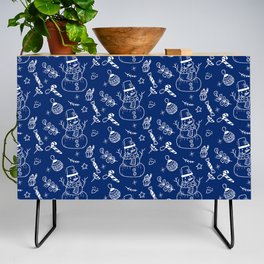 Blue and White Christmas Snowman Doodle Pattern Credenza