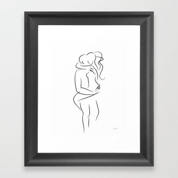 Sexy drawing of a couple kissing. Erotic embrace line art. Framed Art Print