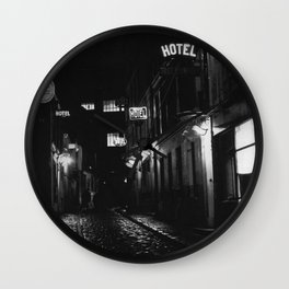 Paris, France city lights, hostel, hotels left bank side streets black and white photograph Wall Clock