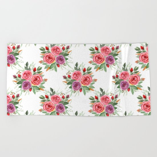 Watercolor . A bouquet of roses. 2 Beach Towel