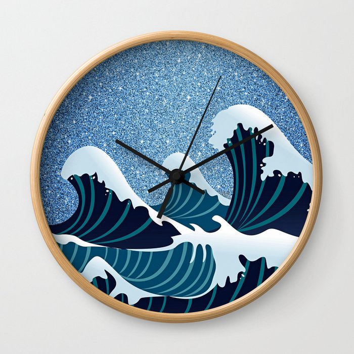 Abstract white navy blue glitter japanese waves Wall Clock