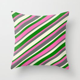 [ Thumbnail: Hot Pink, Dim Gray, Beige, and Green Colored Stripes Pattern Throw Pillow ]