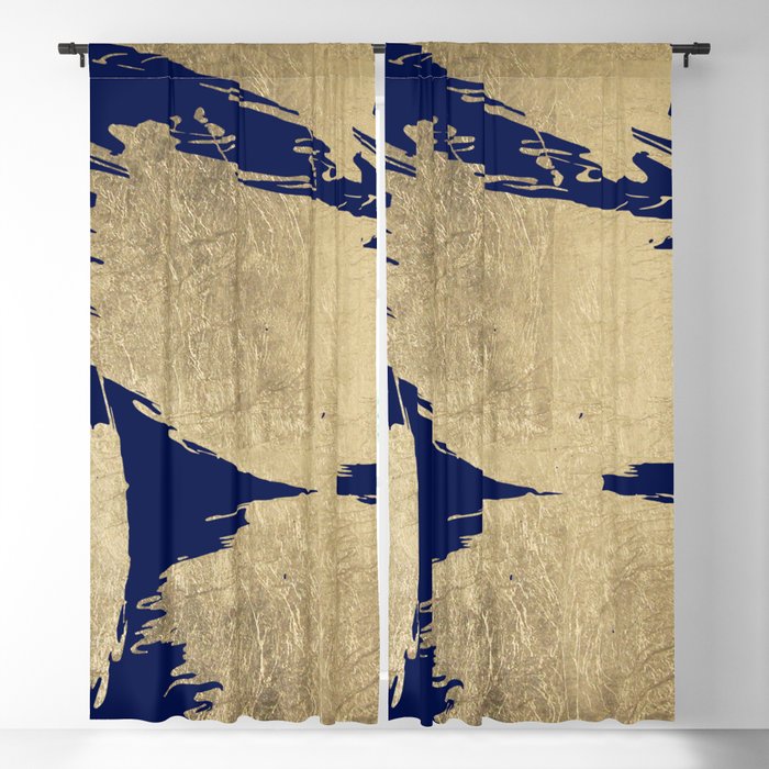 Artistic navy blue gold abstract brush strokes Blackout Curtain