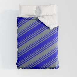 [ Thumbnail: Blue & Slate Gray Colored Stripes Pattern Comforter ]