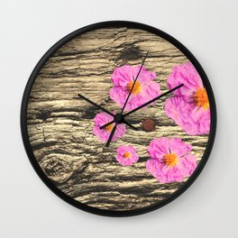 Rough Wood and Flowering Pink Flowers Wall Clock