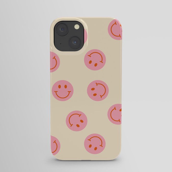 70s Retro Smiley Face Pattern in Beige & Pink iPhone Case