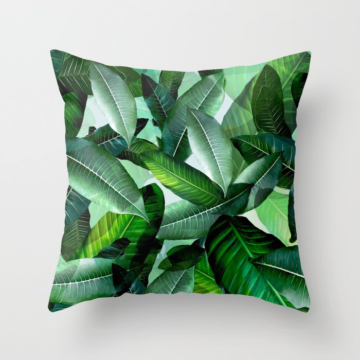 Banana palm leaf tropical jungle green Throw Pillow