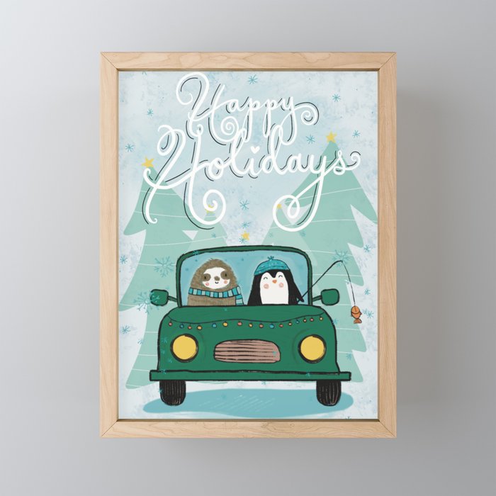 Cozy Happy Holidays Critters Sloth & Penguin Buggy  Framed Mini Art Print