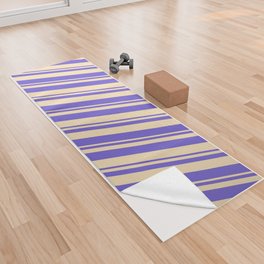 [ Thumbnail: Tan & Slate Blue Colored Striped Pattern Yoga Towel ]