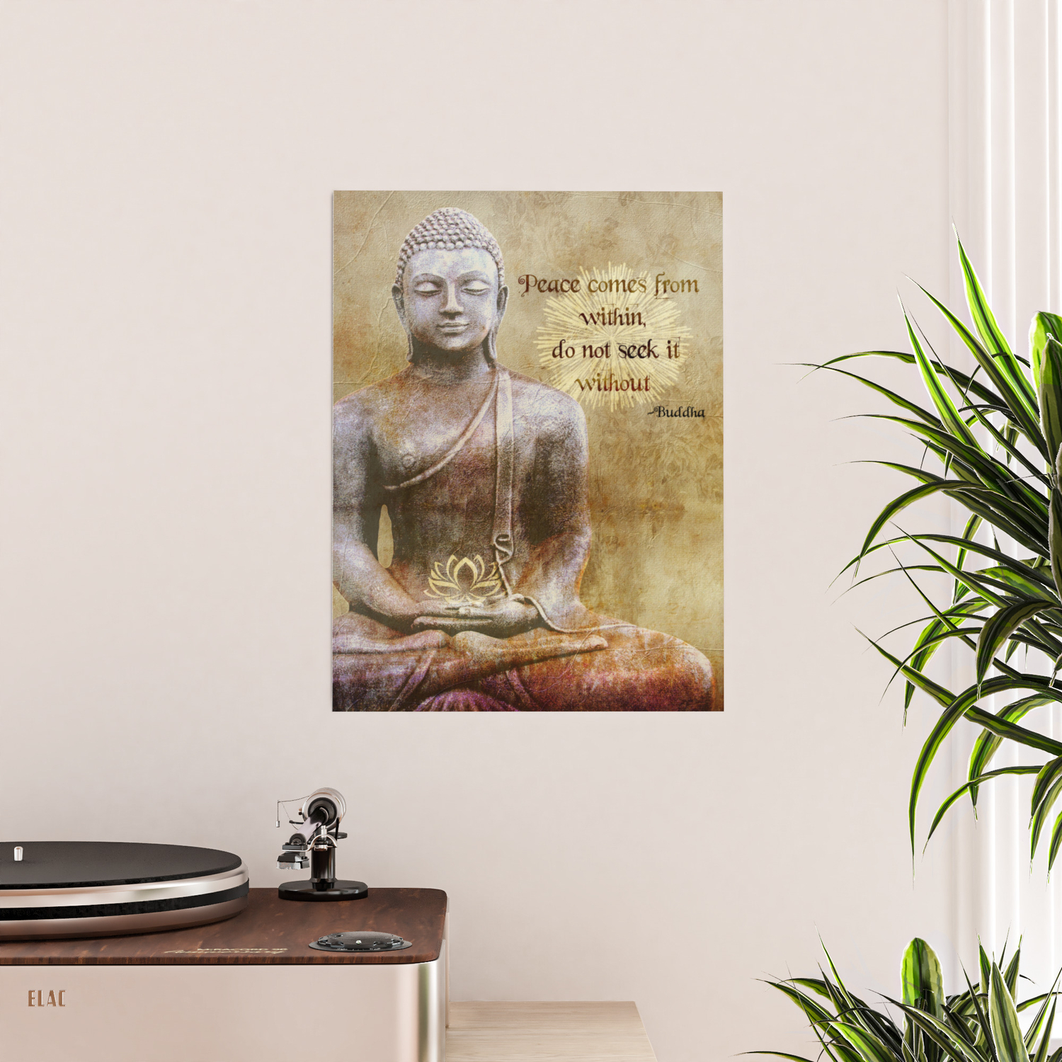 PEACE COMES FROM WITHIN BUDDHA STATUE QUOTE TYPOGRAPHY FRAMED PRINT B12X13823 