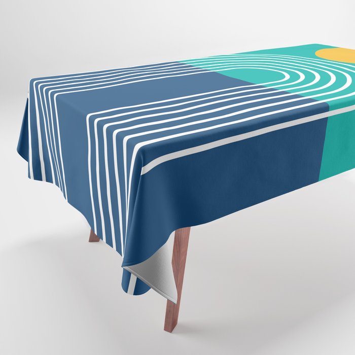 Geometric Lines in Blue Teal Yellow (Sun and Rainbow abstraction) Tablecloth