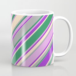 [ Thumbnail: Colorful Dark Orchid, Bisque, Dark Gray, Sea Green & Plum Colored Lines Pattern Coffee Mug ]