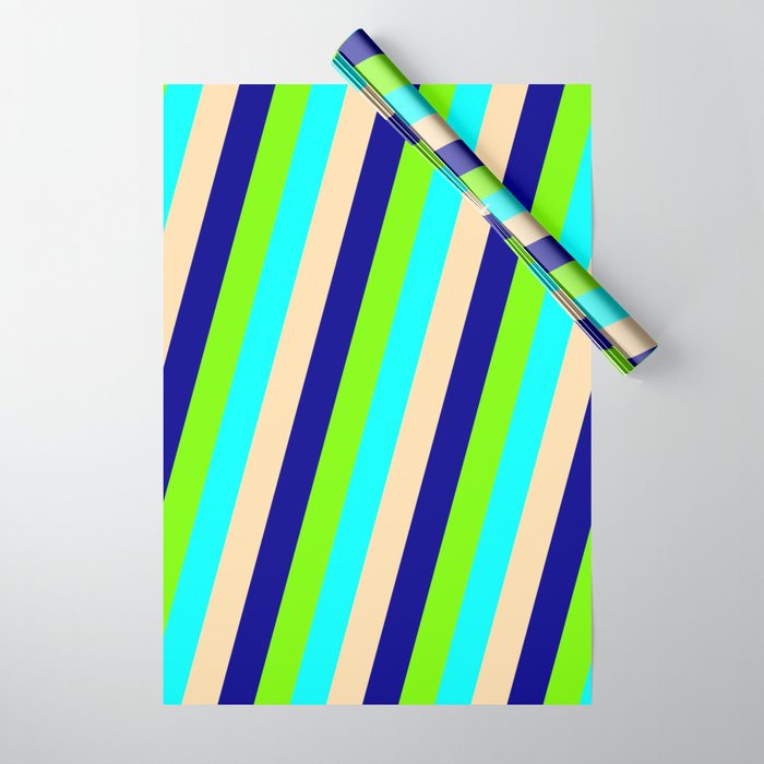 Green, Cyan, Tan & Dark Blue Colored Stripes Pattern Wrapping Paper