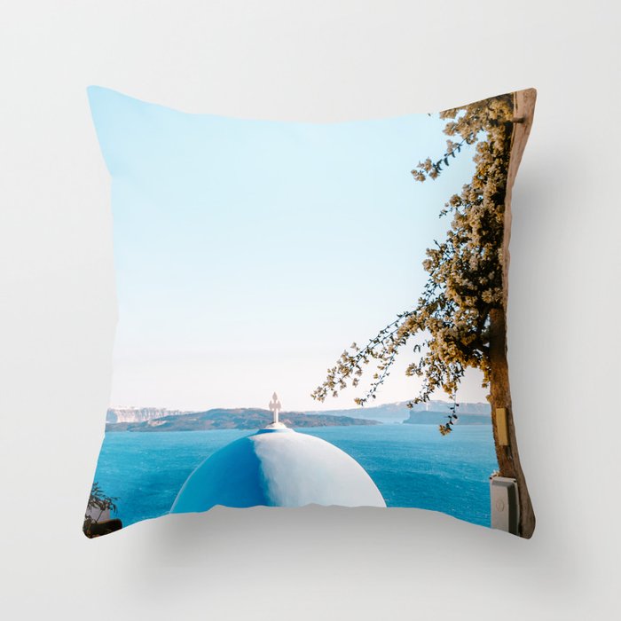 Blue Chapel on Santorini | Seaside over the White Buildings of the Cycladic Island in Greece | Travel Photography Fine Art Throw Pillow