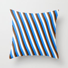 [ Thumbnail: Brown, Mint Cream, Blue, and Black Colored Pattern of Stripes Throw Pillow ]