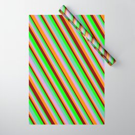 [ Thumbnail: Lime, Aquamarine, Plum, Dark Orange & Dark Red Colored Lines/Stripes Pattern Wrapping Paper ]